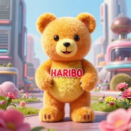 portrait of haribo bear in future city, color and shape focus, central composition, natural light, bloom, puff, by simon stalenhag and rene magri