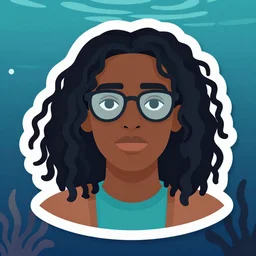 sticker illustration vector art of a black man with long curly hair, wearing glasses, on deep sea, detailed