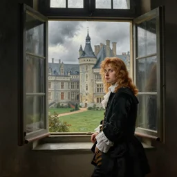museum painting, wide - shot, beautiful teenager young man, with shoulders - length!!! reddish blonde hair tied!!, wavy, clothes of 1 8 th century, near the open window in a castle, bad weather, clouds and rain outside, sharp focus, highly detailed, digital art, matte painting, masterpiece, by artgerm, by greg rutkowski, by mucha, by