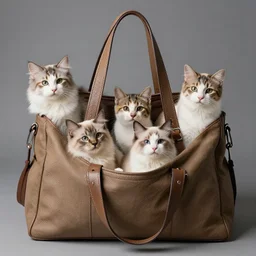 lots of furry cats inside a big handbag, gray background, studio lighting, detailed photo, 4 k, 8 k