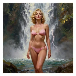 a very beautiful oil painting of jayne mansfield under a tropical waterfall, full body, pale pink bikini, cinematic lightning, golden hour, medium shot, mid - shot, cryengine, raytracing, 4 k, cinematic wallpaper by gil elvgren, robert maguire, rudolf belarski, marc simonetti, and sakimichan