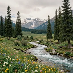 river flows through a gorgeous valley in the canadian rockies, mountain in the background, pine trees, wildflowers on the foreground, lush valley, photorealism, soft natural pastel lighting, award - winning landscape photography, artstation, 4 k, 8 k