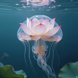 lotus swimming underwater like a jellyfish, transperent jellyfish head covers with the lotus flower, photographic, cinematic, photorealistic, volumetric lighting, detailed, smooth, artstation, octane render, wolp