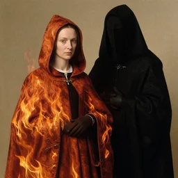 a woman wearing a hooded cloak made of fire, standing next to a person wearing a black veil, by Jan van Eyck