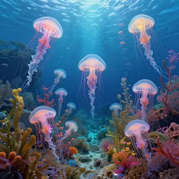 a photorealistic detailed image of a beautiful vibrant iridescent underwater seascape of full of colorful aquatic plants and jellyfish, spiritual science, divinity, utopian, by david a. hardy, hana yata, kinkade, lisa frank,