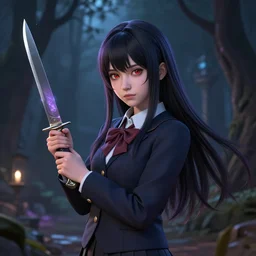 magical and mystical school girl holding a knife, octane render, rembrandt, cgsociety, artstation trending, highly detailded