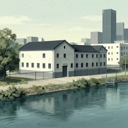 a chinese prison by a river, in the style of junji ito, parts by edward hopper, parts by rodcenko, parts by yue minjun, parts by peter doig, intricate and epic composition, 4 k, very detailed, insanely quality, line brush, highly detailed, masterpiece,