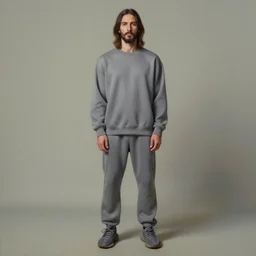 a full body lookbook portrait of modern - day jesus wearing grey yeezy and fear of god menswear collection by nicola samori, detailed, oil painting, hyper - realistic, 8 k, yeezy collection