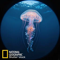 photo of a cthulhu jellyfish swimming in the ocean, national geographic, shutterstock contest winner, ecological art, bioluminescence, fisheye lens, wide lens, hyperrealistic