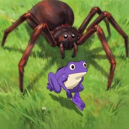 “ a purple frog jumping away from a big spider by studio ghibli ”