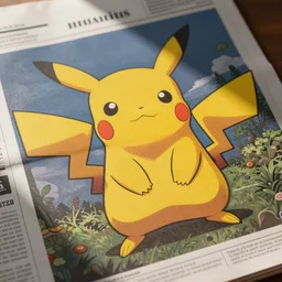 Pikachu in the style of a screen print on newspaper