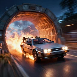 scene from back to the future, delorean from back to the future driving very fast, lightning around the car, fire on the road, driving through a portal, motion blur
