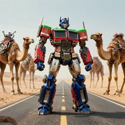 green and white steam punk optimus prime in the middle of a deserted highway surrounded by hostile mutant cybernetic camels, surreal desert scene, still from a michael bay film, cinematic, intricate, highly detailed, illustration, shallow depth of field, octane render, 8 k