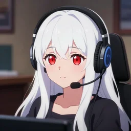 portrait of a cute girl, with red eyes and long white hair wearing a headset in her room interior. anime art by ilya kuvshinov, katsuhiro otomo, headshot, ambient lighting, cinematic still
