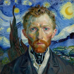 realistic portrait beautiful painting from scene in terminator merged in van gogh painting, terminator robot is aristocrats, retrofuturism created by thomas kinkade and gustave courbet, fine draw, high detailed, fine lighting, smooth draw, no anomaly.