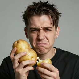 jacksepticeye holding a potato with envy, wide shot, realistic, 8k resolution, hyperdetailed, highly detailed, real life, studio lighting, high quality, photo