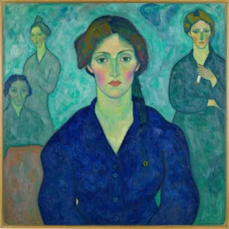 portrait of a island woman. indigo blue, turquoise. henri de toulouse - lautrec, ferdand hodler, egon schiele, gauguin, kathe kollwitz