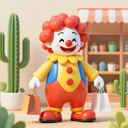 clown shopping for inflatables at the cactus store