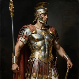 roman legionnaire, painting, fine art, high contrast, divine, strong, rembrandt lighting, ray tracing global illumination, ray tracing reflections, insanely detailed and intricate, elegant, ornate, hyper realistic, super detailed, in roman triumph