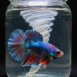 a octane render of a siamese fighting fish and violent tornado inside a jar, close - up studio photo, lighting path traced, highly detailed, high quality, hyper - realistic, max accurate,