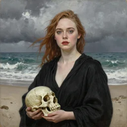Elle Fanning in a black robe holding a skull on the beach, head and shoulders portrait, stormy weather, extremely detailed masterpiece, Roger Deakin’s cinematography, oil on canvas, Johannes Vormeer,