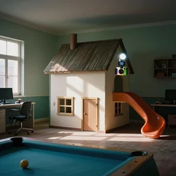 a weird place, house, playground, office, pool, interior, room with eerie feeling, disposable colored camera, camera flash, unusual place, unsettling, kids place