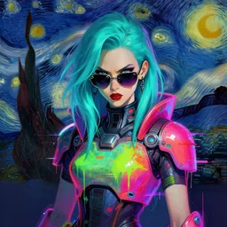 a goth girl with turquoise hair, strong face, high cheekbones, defiant, wearing sunglasses, futuristic clothes, vibrant colors, glitchy, rule of thirds, spotlight, drips of paint, expressive, passionate, by greg rutkowski, by jeremy mann, by francoise nielly, by van gogh, digital painting
