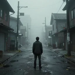 a man standing, silent hill streets, fog, empty streets, hyperdetailed, artstation, cgsociety, 8 k