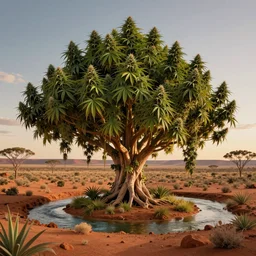 realistic giant cannabis trees with cannabis leaves, converting the Australian desert to an oasis with streams, landscape, photo, concept art, universe in the sky, cinematic lighting, 4k, wide angle, warm tones, Australian Earth,