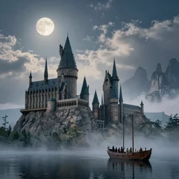 Hogwarts, ship on Lake, misty, HDR, by Simon Stålenhag, moon, clouds, mist, moon rays, Zhangjiajie in early morning, light and shadow, Shin-hanga by Thomas Kinkade and Bob Ross, traditional Japanese colors, superior quality, masterpiece, featured, trending, award winning, HD, UHD, 4K, 8K, anamorphic widescreen