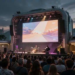 concept art of a small near - future realistic musical venue with a large screen in front of a very small but excited crowd