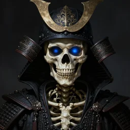 samurai skeleton dark, d & d, blue eyes, dark fantasy, intricate, elegant, highly detailed, digital painting, artstation, concept art, smooth, sharp focus, illustration, art by artgerm and greg rutkowski and alphonse mucha