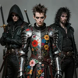 portrait of a skinny punk goth wilford brimley wearing armor by simon bisley, john blance, frank frazetta, fantasy, thief warrior, colorful flowers floral