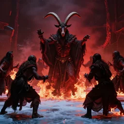 supreme goat god in hell surrounded by devotees, in a frenzy of war, frozen lake of fire, red light, flames, darkness, photograph, realistic, john carpenter movie, cinematic
