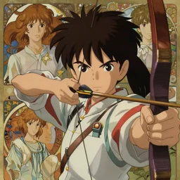 portrait of an amazon notching her bow, fantasy, richly defined anime face, highly detailed, cel shading, digital painting, anime key visual, artwork by ilya kuvshinov and hayao miyazaki and alphonse mucha