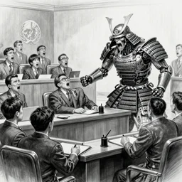 Courtroom style sketch of UN members yelling at a cyborg samurai, fear and anger in their eyes, award winning , masterpiece