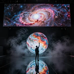 high quality professional photo of large scale immersive installation width large led screen on top, mirror on floor and big sphere for video projection on center. installation about deep nebula space and proto planet. young man raises his hand under the sphere which looks like a planet and the planet visually reacts to it with fluid stains on the surface. on the screen, cosmic fog and space are dark and smoke for the atmosphere. stage design by es devlin