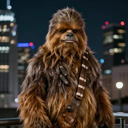 a still of Chewbacca, studio lighting, 4K. Shallow depth of field. City at night in background, lights, colors.