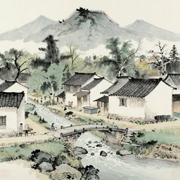 countryside of china. a small bridge, several cottages, with a stream flow. traditional Chinese painting.