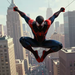very detailed concept illustration of spider man swinging through new york city, digital illustration, concept art, digital painting, illustration, good value control, 8 k, in the style of sony pictures animation spider verse, rubber suit, art by john buscema