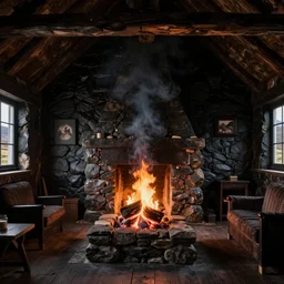 photorealistic interior rendering of a hebridean arnol crofter's black house, scotland, fire in center, smoke, old ancient architecture, traditional, volumetric lighting, unreal engine render