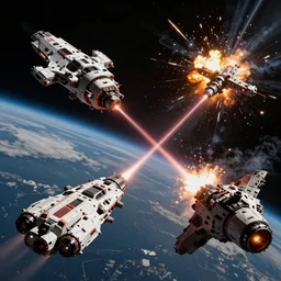 an epic spaceship battle in low earth orbit between two waring factions, lasers and explosions.