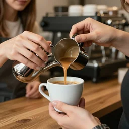 professional extreme close-up photo of two women creating a coffee in a shop, Ukraine. professional art