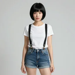 a woman with black hair and long pixie haircut in shorts with suspenders and white t-shirt drawn by Jacques-Louis David, norman rockwell, frank frazetta, alphonso azpiri, maler collieri, peter paul rubens, alphonse mucha, gustav klimt 4k, unreal 5, DAZ, french noveau, trending on artstation, octane render, hyperrealistic