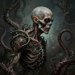 centered horrifying detailed side view profile portrait of a insane, crazed, mad old bald zombie, eldritch abomination, dunwitch horror, ornate tentacles growing around, ornamentation, thorns, vines, tentacles, elegant, beautifully soft lit, full frame, by wayne barlowe, peter mohrbacher, kelly mckernan, h r giger