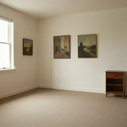 a empty room with paintings on a wall, carpet on the floor, window with light coming through, nightstand in a corner, realistic,
