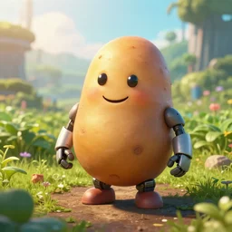 friendly potato cyborg, scifi farm, morning light, cinematic, atmosphere, welcoming smile, high quality, perfect, 8 k high detail, masterpiece, trending on artstation, by akihiko yoshida