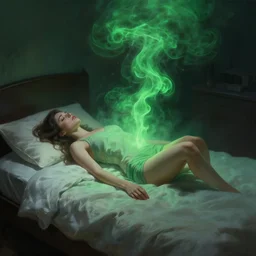 a woman floating above her bed at night, green smoke!!!!! surreal concept art, lifelike, photorealistic, digital painting, aesthetic, smooth, sharp focus, artstation hd, artgerm and by greg rutkowski, bruce pennington, valentina remenar, rhads, asher duran,