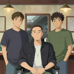 artwork by Michael Whelan, Bob Larkin and Tomer Hanuka, of portrait of Justin Beber, Eminem, Channing Tatum and Joseph Gordon-Levitt in a barbershop quartet, from scene from Twin Peaks, simple illustration, domestic, nostalgic, from scene from Twin Peaks, clean,  full of details, by Makoto Shinkai and thomas kinkade, Matte painting, trending on artstation and unreal engine