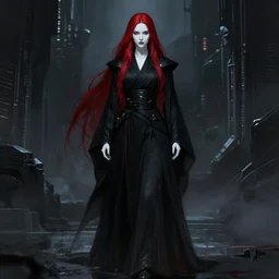 beautiful female sith warrior with smooth porcelain white skin and long flowing red hair, wearing black robes with dark red highlights, in dark futuristic city, shadowy gothic aesthetic, cinematic full body portrait, concept art sketch for future star wars film, centered composition, detailed, cinematic lighting, moody, nighttime, very dark